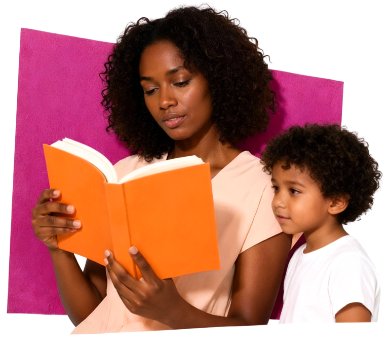 Een moeder en kind lezen uit een boek, de moeder leest voor.